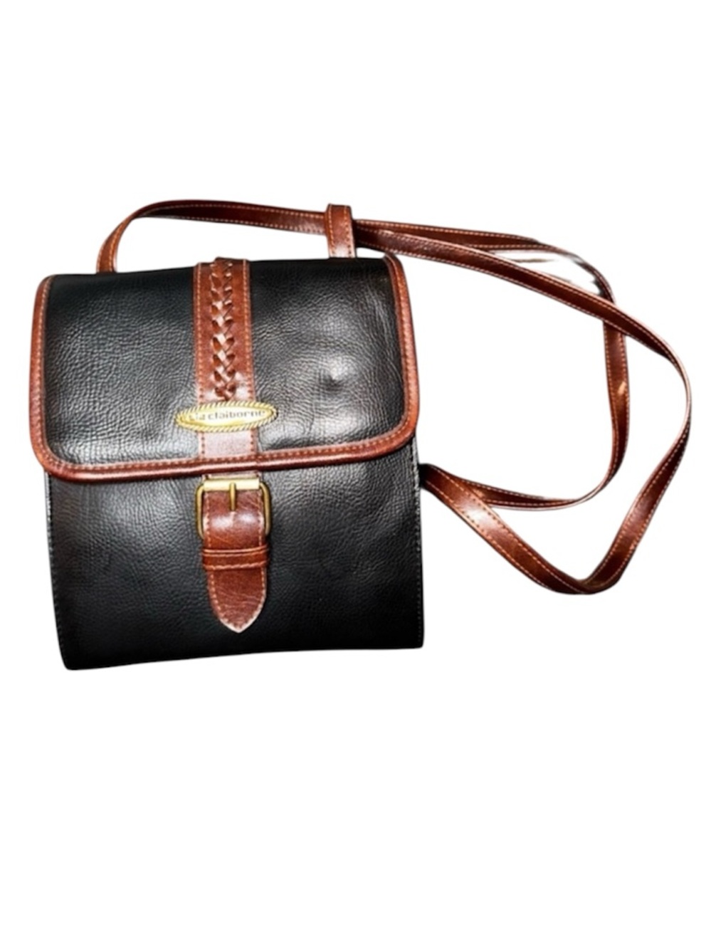 VINTAGE Liz Claiborne Black with Brown Trim Double Flap Crossbody Braided Trim
